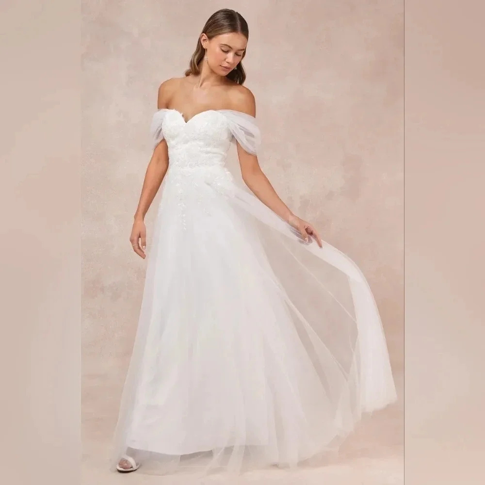Lulus Blissfully Romantic White Tulle Off-the-Shoulder Maxi Dress Bridal Wedding - Picture 3 of 11
